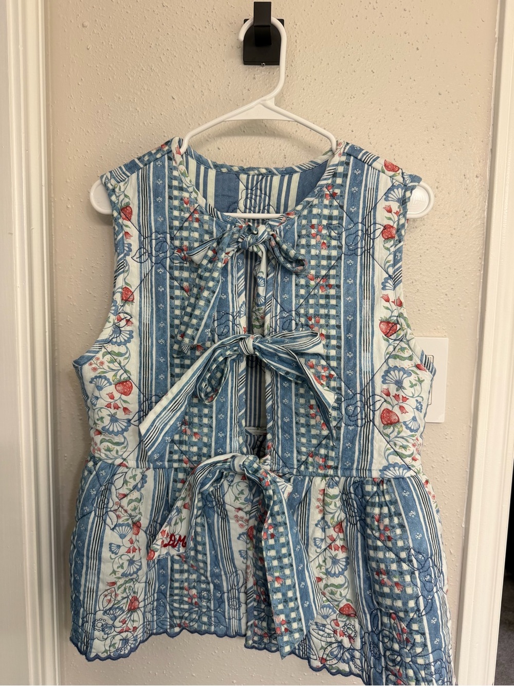 Blue Floral Stripe Tie-Front Sleeveless Peplum Top